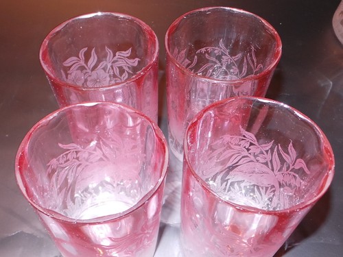 5pc Pitcher Tumblers set Northwood Rubina Glass Etched Aurora Bird Stork habitat - Picture 17 of 21