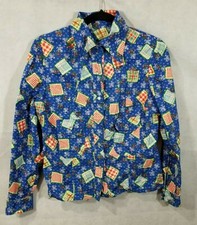 Camisa vaquera occidental vintage años 70 ajustada perla broches de presión parches florales caseros EE. UU.