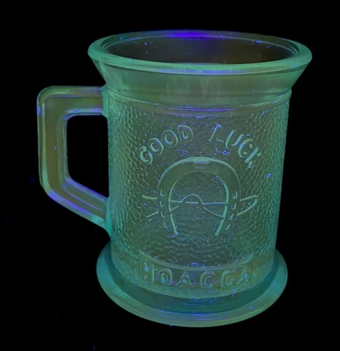 Fenton Good Luck Mug Toothpick Holder H O A C G A in Blue Carnival 1979 GLOWS