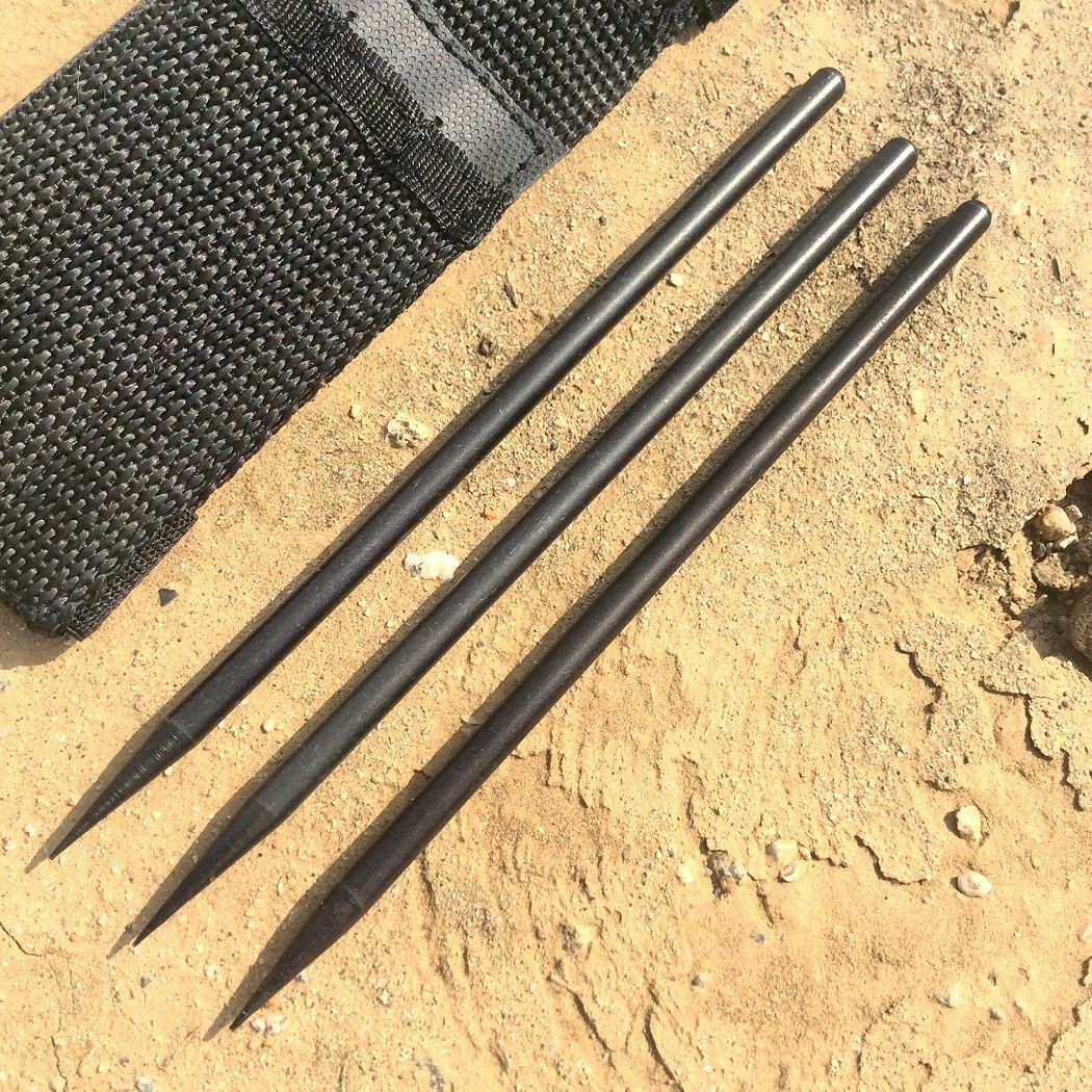 DEFENDER 6" 3pc Black Steel SPIKE Quill Throwing Knife Set w/ Wrist Strap Sheath