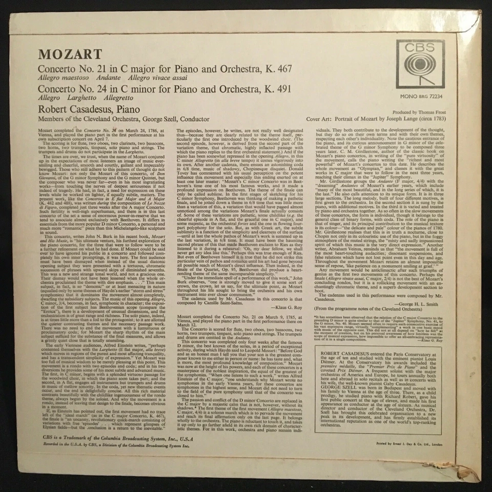 RARE Mozart: Piano Concertos 21 & 24 Casadesus/Szell 12" VINTAGE VINYL SBRG72234 - Image 2 of 2