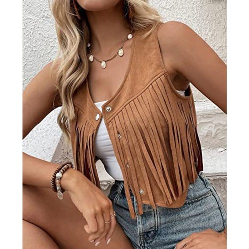 Women Sleeveless Tassels Vest Hippie Faux Suedes Fringe Jackets Cardigan Outwear - Picture 3 of 18