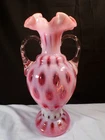 Large 13" Fenton Cranberry Opalescent Glass Coin Dot Double Handled Vase