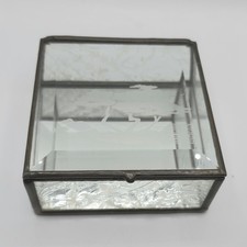 Vintage Glass Box Brass Trimmed Beveled Etched Trees Mirror For Jewelry Trinkets