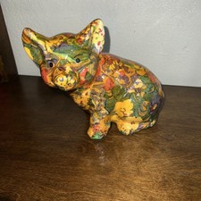 Floral Ceramic Pig Figurine   Glossy Decoupage Style Cottagecore Decor