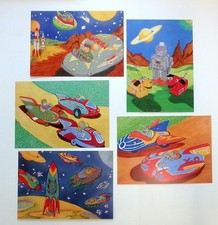 Set of 5 Original Artist's Print 5x7 Postcards -1950's Japanese Space Toys