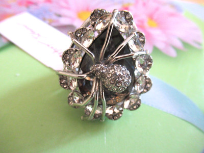 Betsey Johnson SPIDER STONE Rhodium Plated BLACK Glass Crystal Ring Size 7 NEW