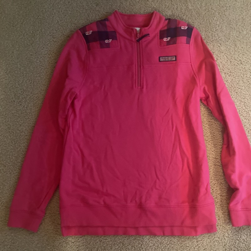 Vineyard Vines Girls Pink 1/4 Zip Shep Shirt Plaid Shoulder Sweatshirt XL (16)