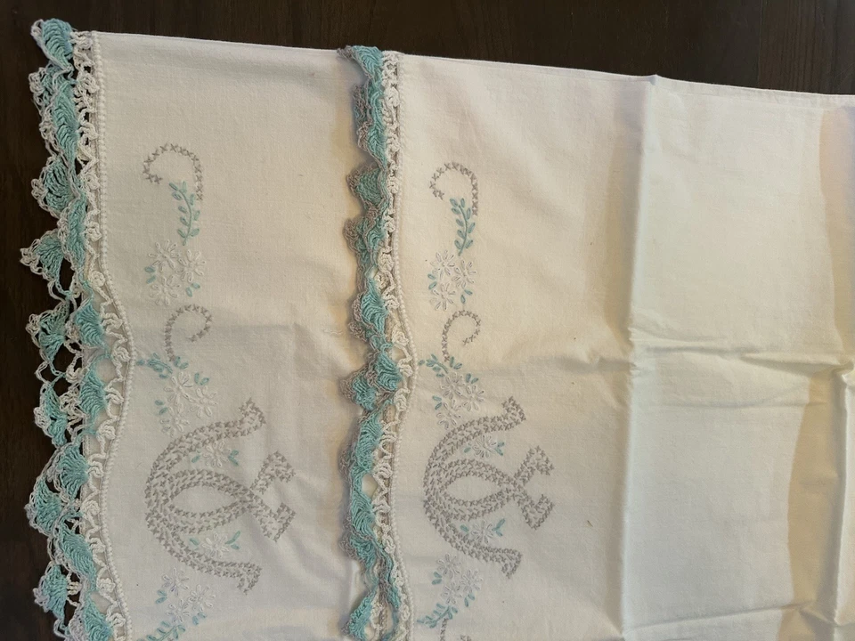 Juego de funda de almohada de algodón verde menta vintage zapatos de caballo bordados a ganchillo Foto 3 de 4