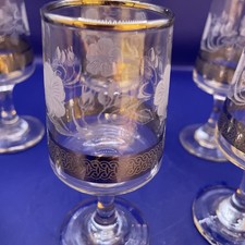 Set Of 6 Vintage Sherry Glasses Etched Floral Decoration And Gilt Rim – 11.5cm
