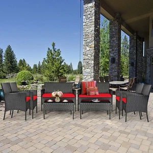 8PCS Outdoor Furniture Set Patio Rattan Conversation Set w/ Red Cushion