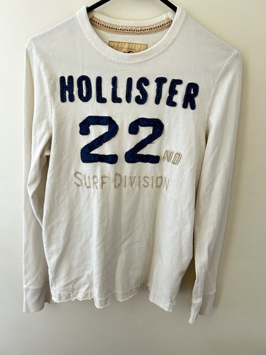 Hollister Herren Y2K weiß Langarm Größe Small Mall Distressed roher Saum Surf