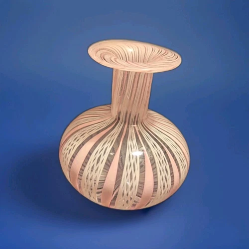 MURANO Pink and White LATTICINO STUDIO HAND BLOWN VASE