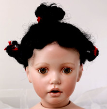 Wig Doll Size14-15 Monique Vintage Black Curly w/ Pigtails Accent w/Red Bows