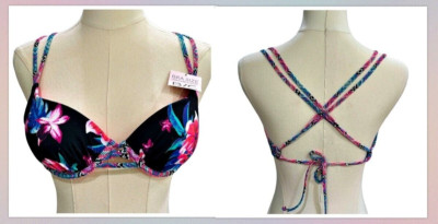 Sundazed Bikini TOP Swim Bathing Suit 32 B/C Black Floral Underwire Strappy NEW
