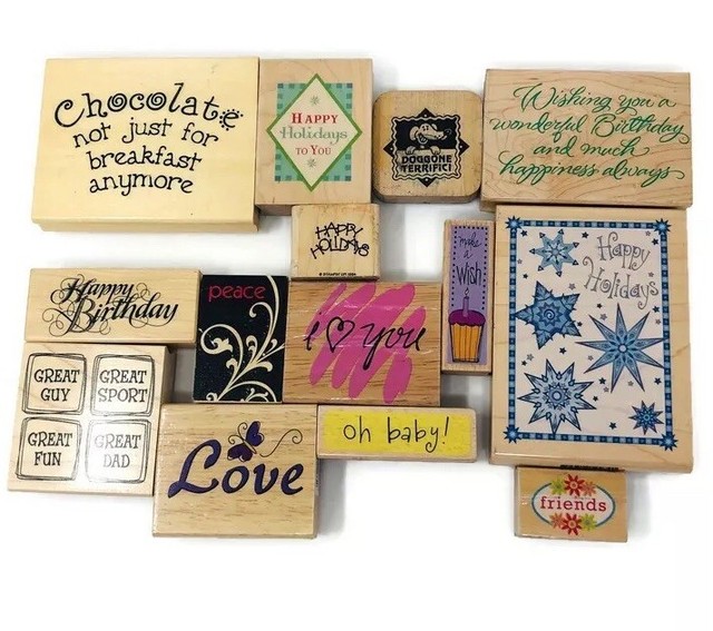 14 Wooden Rubber Stamp Block Lot Words Phrases Family Scrapbooking