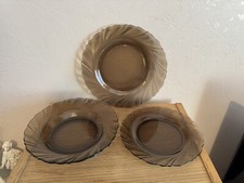 Vintage French Duralex Smoked Glass Bowls And Plate Trio - Swirl Effect RARE