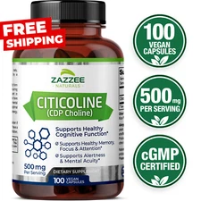 Extra Strength Citicoline CDP Choline 500 mg per Serving, 100 Vegan Capsules