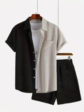 Summer Outfit Men 2-Piece Set Short Sleeve Shirt and Shorts Corduroy Sets