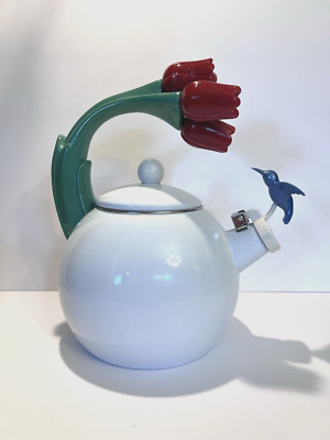Ancona Hummingbird Tea Kettle Pot White Enamel Red Tulips Whistling Vintage 90s