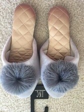 Women's NWT INC International Concepts Tassel Pom-Pom Velvet Satin Slippers Blus