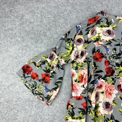 Umgee Plus Dress Womens 1XL Gray Floral Birds Keyhole Ruffle Sleeve Flowy Mini - Picture 8 of 11