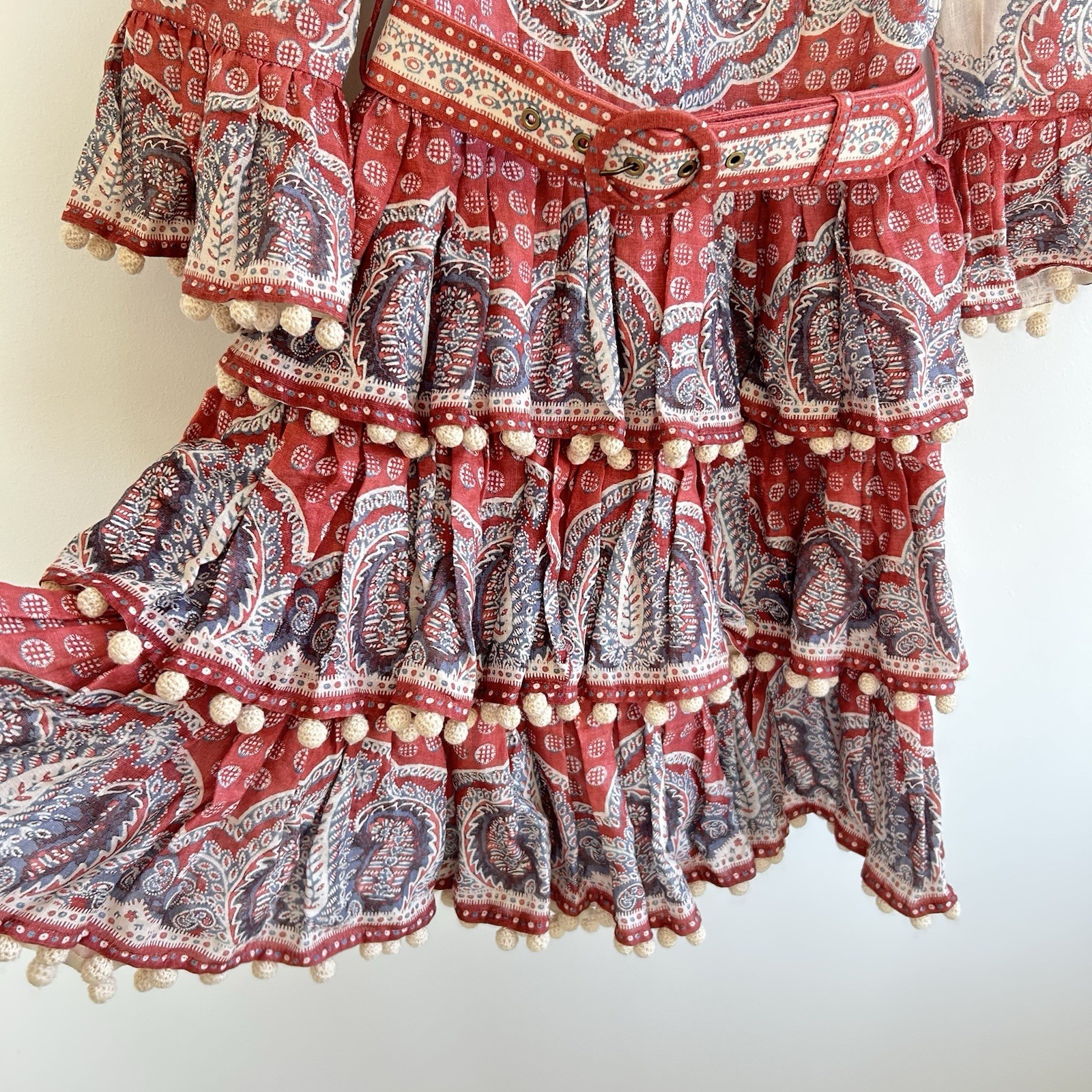 Zimmermann Vitali Tiered Hem Mini Dress Size 0 AU 8/US 4 Red Paisley Linen Belt