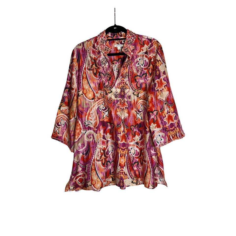 Chicos Tunic Top Paisley Abstract Beaded Split Neck 3/4 Bell Sleeve Top ...