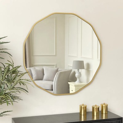 Großer runder Gold gewellter Wandspiegel Art Deco Metallic Modern Luxus Glamourös