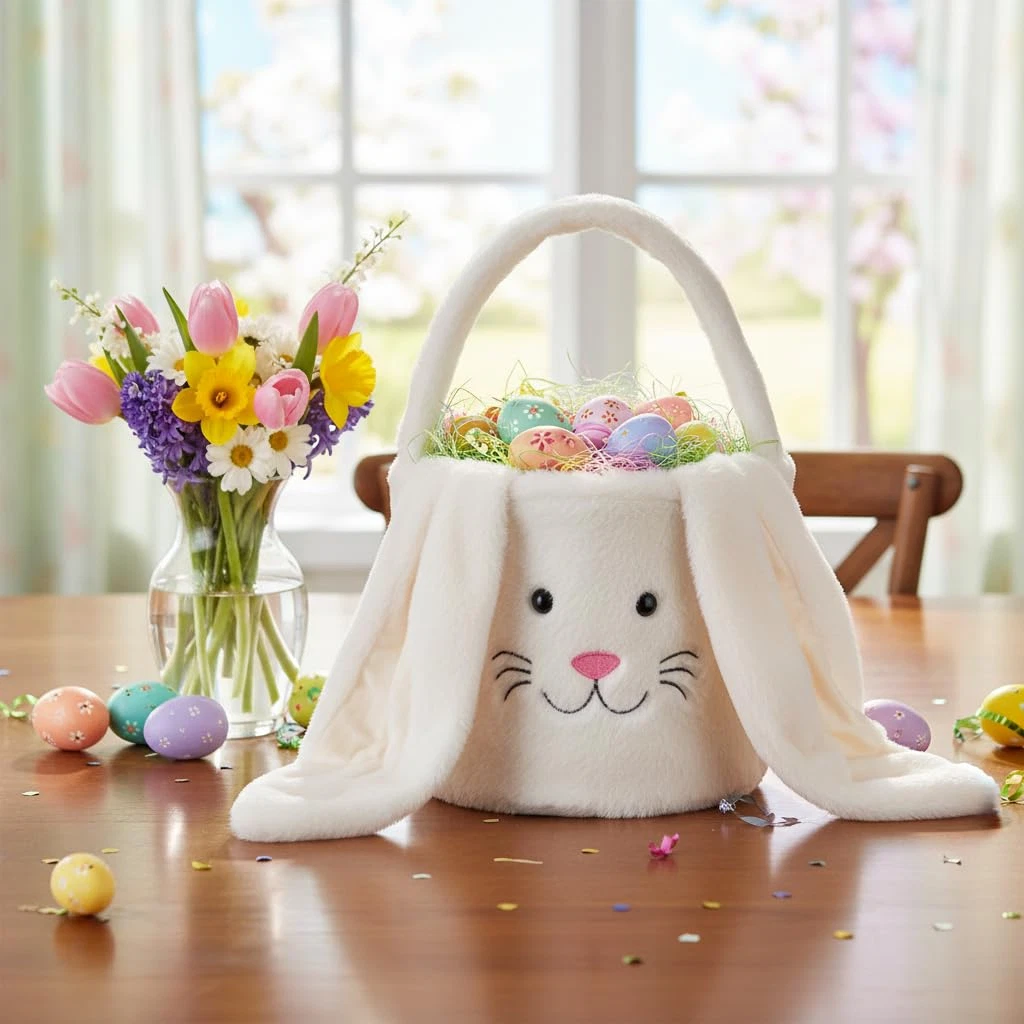 White Plush Easter Bunny Basket Soft Rabbit Bucket Egg Hunt Candy Storage Bag