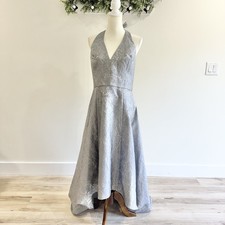 new halston heritage Silver Jaquard Halter Gown High Low Size 12 H