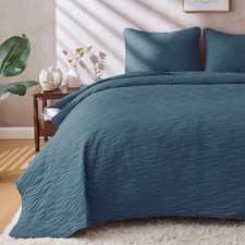 King Size Navy Blue Comforter Set, Lightweight Summer Quilt Set, Soft Breat...