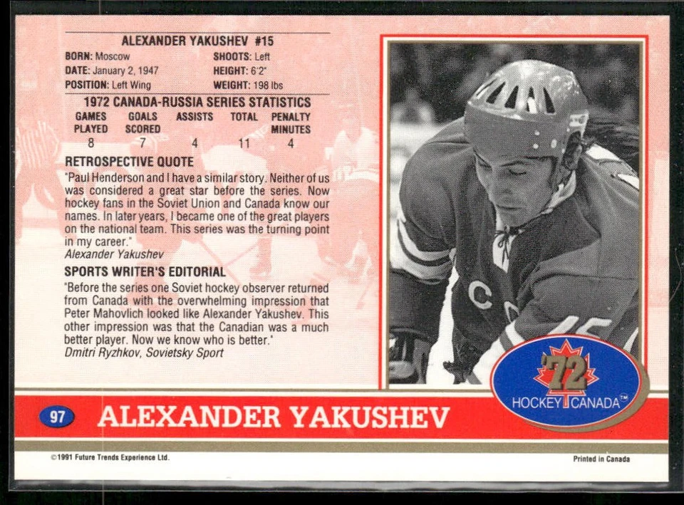 1991-92 Future Trends Canada ’72 #97 Alexander Yakushev USSR Hockey Card - Image 2 of 2