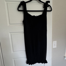 Women's Black Solid Scoop Neck Sleeveless Strappy Bodycon Ruffle Midi Dress S