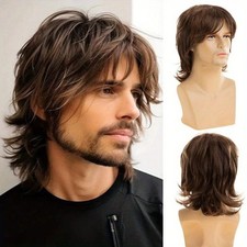 12in Men's Brown Long Wavy Wig Heat Resistant Synthetic Full Cap Cosplay Party