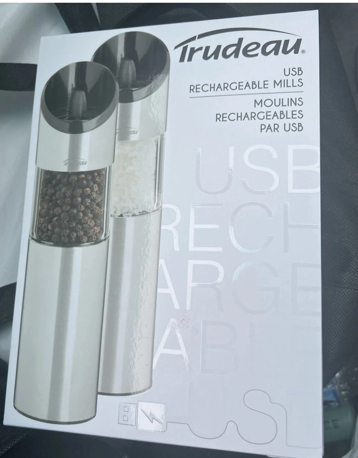NEW Trudeau Electric Rechargeable Salt & Pepper Mills Stainless Steel USB 🌲🎁
