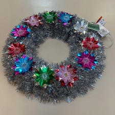 Mr. Christmas 16in Tinsel Wreath LED Lighted Silver Vintage Style MCM Holiday
