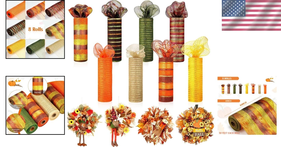 Thanksgiving 8-Roll Mesh Ribbon Set - 10"x30ft Material for Creative Decor - Image 2 of 4