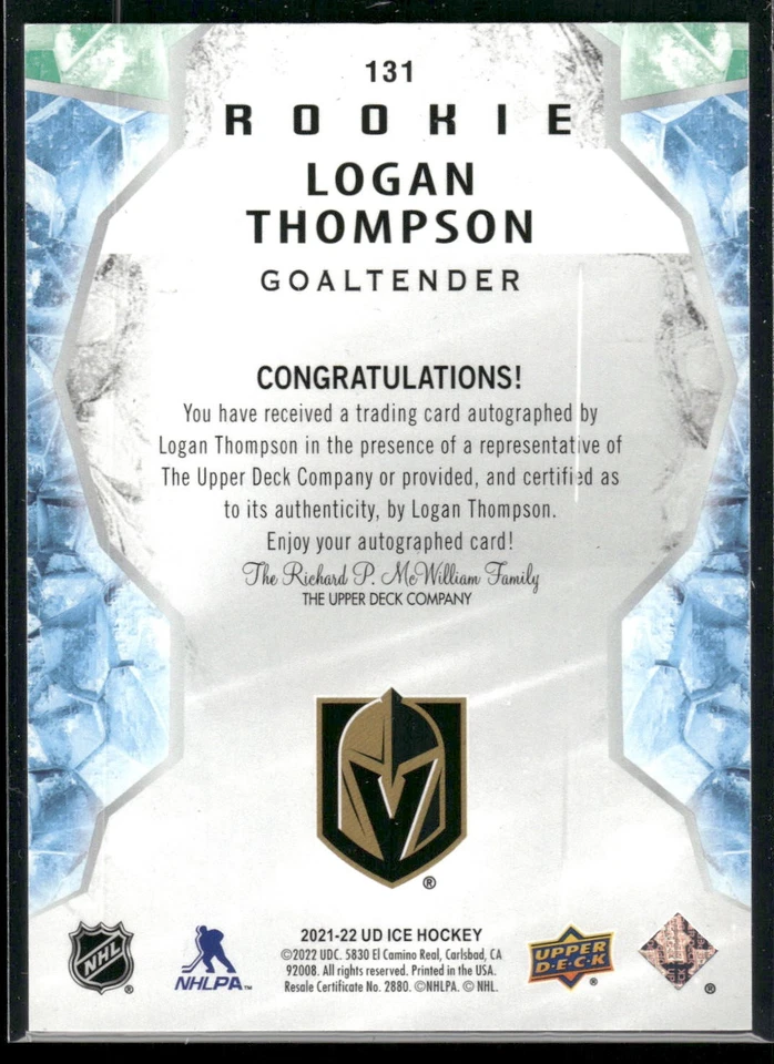 #131 Logan Thompson 2021-22 Upper Deck Ice Autographs White Snowflake - Image 2 of 2