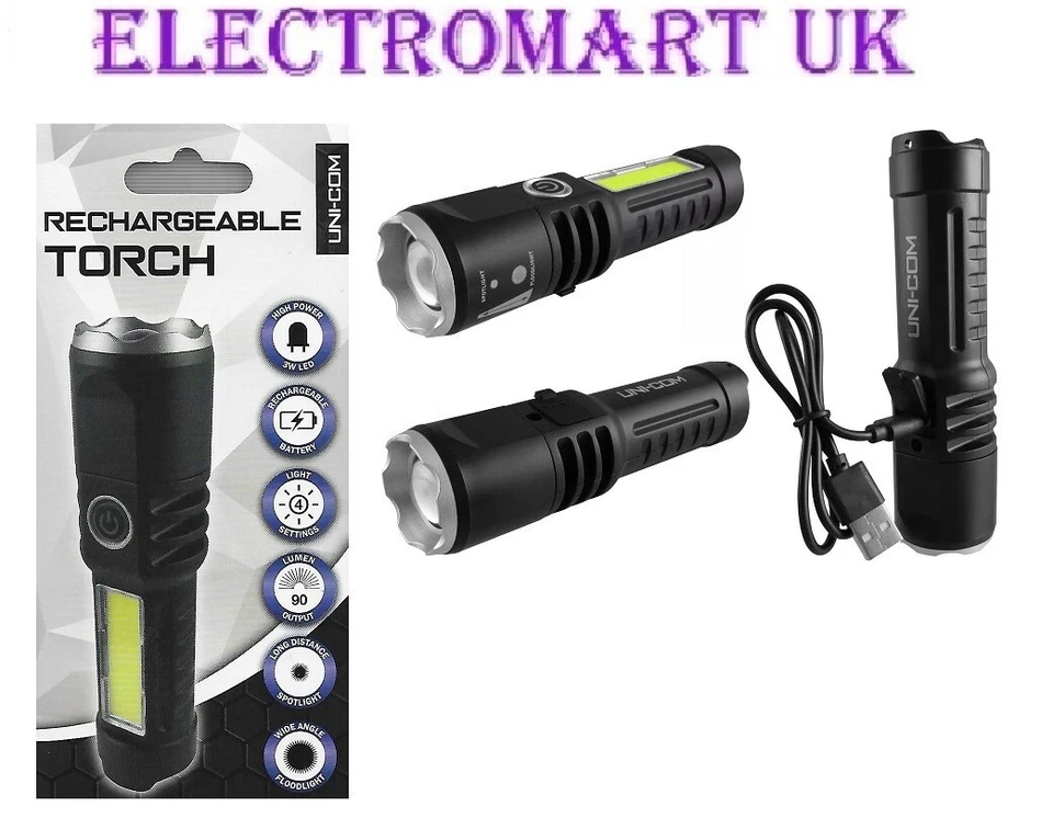 UNICOM 3W LED WIEDERAUFLADBARE FACKEL 3 LICHTEINSTELLUNGEN EINSTELLBARER STRAHL USB KABEL