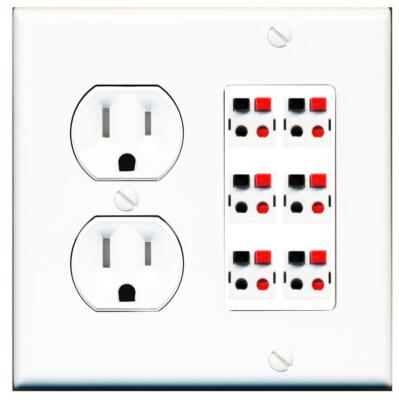 RiteAV 6 Port Speaker Wire Plug Jack Wall Plate - Tamper Proof [White]