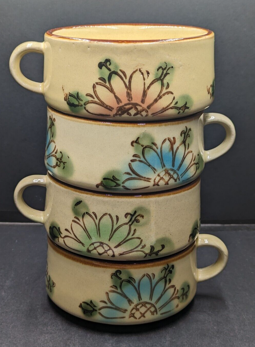 Vintage Sunflower Soup Mug Chili Bowls Stoneware Set Of 4 1970’s Made in Korea