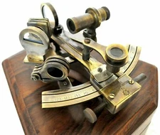 Nautical Antique Brass Marine Sextant With Collectible Maritime Wooden Box