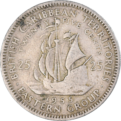 Eastern Caribbean States Coin 25 Cents | Golden Hind Ship | 1955