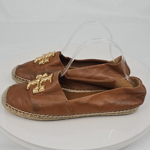 Tory Burch 9 M Eleanor Espadrilles/ Flats Brown Leather/Gold Logo Charm - Picture 19 of 20