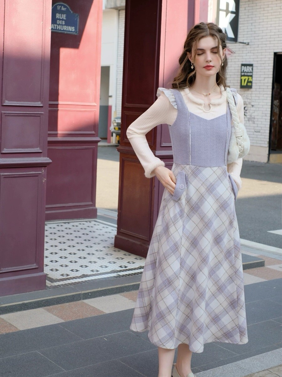 lilac winter dress NWT Fairycore Retro Style Lilac Plaid Midi Dress for Fall & Winter Size  TALL M/L
