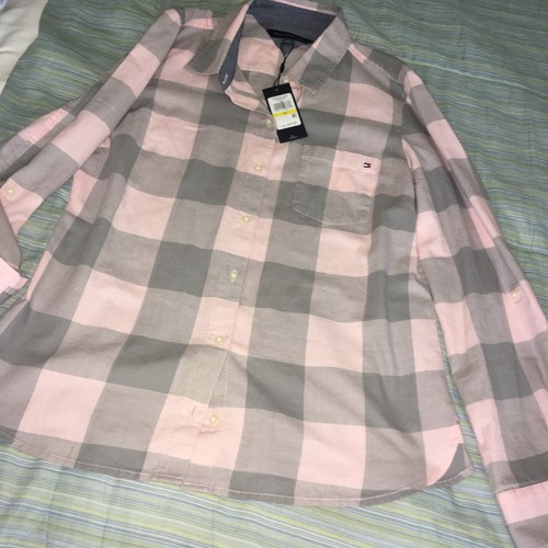 tommy hilfiger women m chech pink and gray 100 cotton Shirt New With Tag
