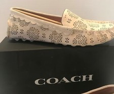 Coach Crosby Women's Suede Slip on Laser Cut Loafer Ivory Driving Shoes 9.5