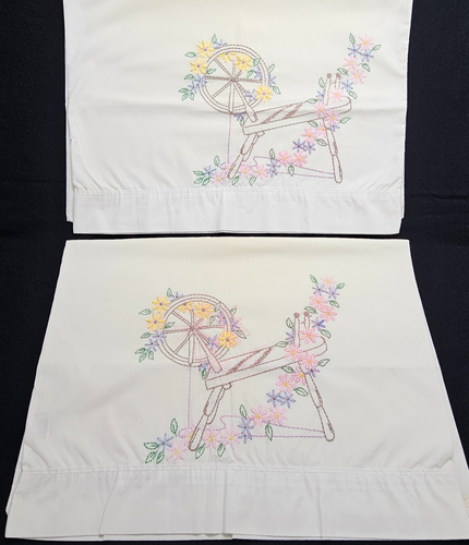 Pair Vintage Pillowcases Handmade Embroidered Floral Spinning Wheels