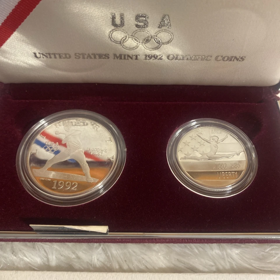 1992-S Olympic Baseball Proof Silver Dollar & Half US Mint 2 Coin Set Box & COA - Image 3 of 4